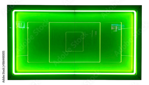 Aerial view of a neon-lit, rectangular structure within a larger, square frame, radiating a vibrant green glow against black