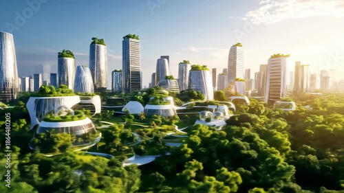 Futuristic city landscape with sustainable buildings integrated into lush green forests under a bright sky.