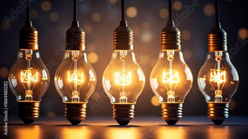 A row of illuminated glass light bulbs on a dark background.