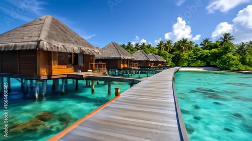 Tropical getaway featuring overwater bungalows with thatched roofs and turquoise waters under a clear sky.