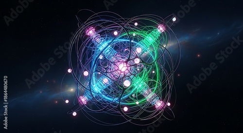 Abstract Glowing Core in Space with Neon Wires and Orbs - Tech Backgro