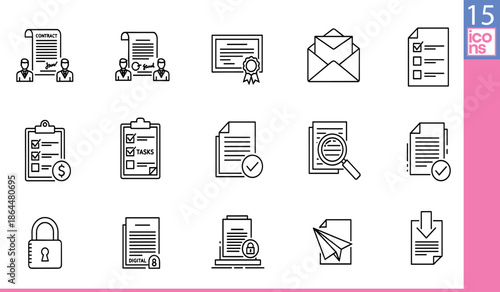 Document and security icon set featuring contracts, checklists, padlocks,Document and security icon set featuring contracts, checklists, padlocks,