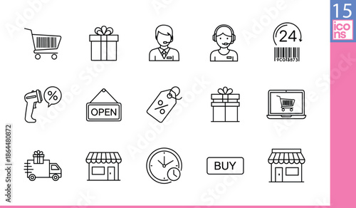 Shopping and retail icon set featuring cart, gift, barcode, storefront, delivery, Shopping and retail icon set featuring cart, gift, barcode, storefront, delivery,