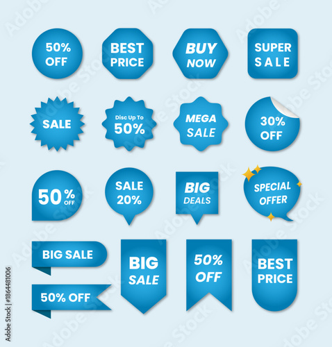 Set of blue sale banner stickers, Sale discount badges