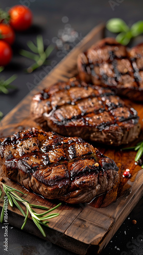 Three juicy grilled steaks seasoned with herbs and spices on a wooden board