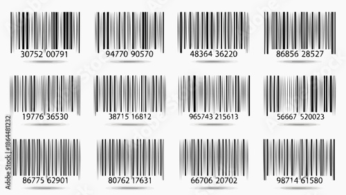 Collection of Various Barcodes with Numbers on White Background.