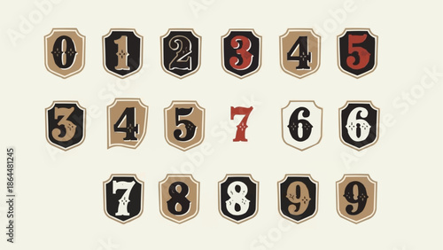 Collection of vintage shield emblems with numbers zero through nine.