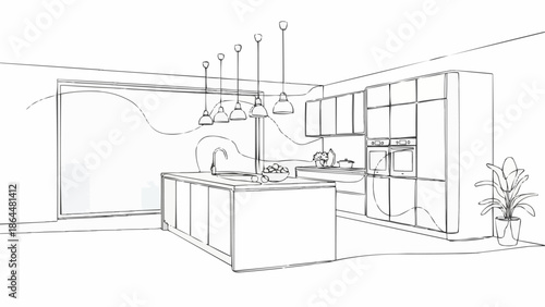 Modern Kitchen Interior Design Sketch with Island and Cabinets.