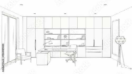 Modern Office Interior Design Sketch with Desk and Furniture.