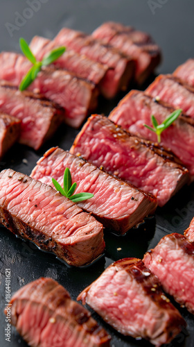 Perfectly sliced medium-rare steak with fresh rosemary garnish on a dark slate surface