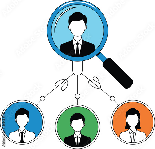 Business recruitment concept, magnifying glass selecting professional candidate, human resources hiring process, team selection strategy, corporate leadership search, employee management 