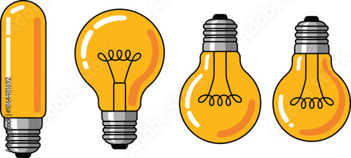 Colorful light bulb illustration set, glowing electric lamp icons, creative energy concept, vintage filament bulbs, flat vector design, isolated on white background for branding