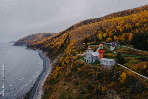 Photos Aerial view of Gaspé Peninsula’s rugged coastline and cliffs over the Gulf of St