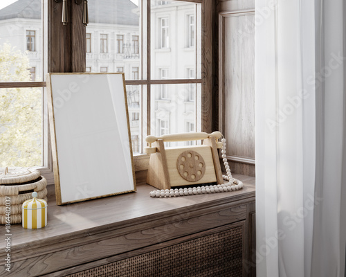 Frame mockup in vintage whimsical nursery, 3d render