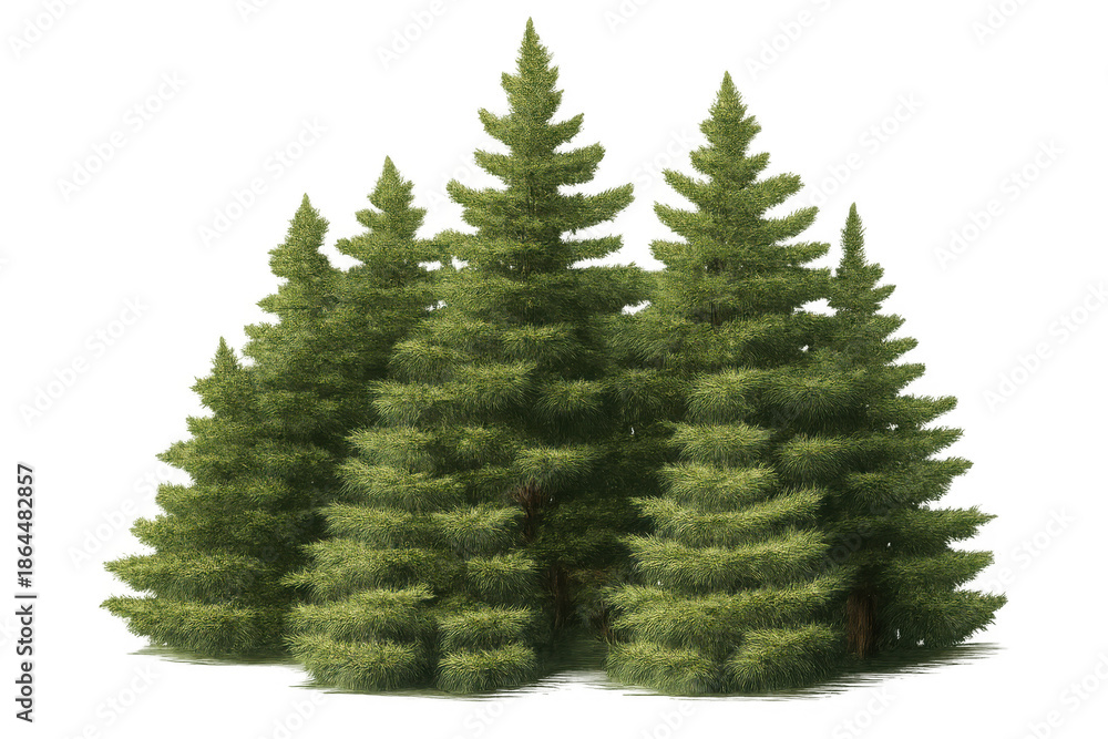 Obraz premium Evergreen fir trees forming a forest cluster, lush green foliage on transparent background, symbolizing nature and vitality