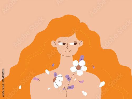 A woman with flowing orange hair ,happy expression and white flowers on her chest. A warm, minimalist illustration symbolizing self-love and comfort