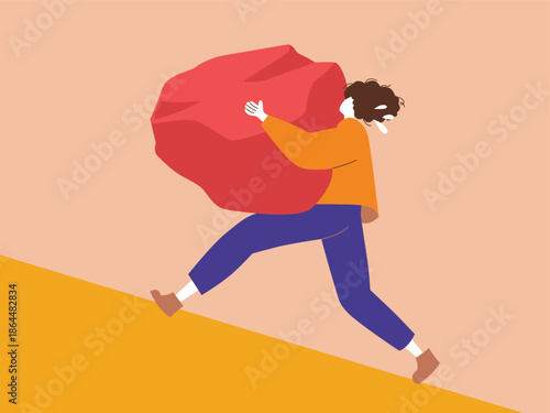 A man struggling to carry a massive red boulder up a steep slope. A warm, minimalist illustration symbolizing hard work, perseverance, and burden