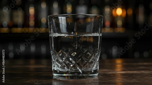Clear Liquid Being Poured Into Crystal Glass in Bar Setting Still Life