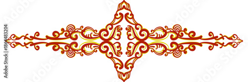 Symmetrical ornate floral ornament with swirls in red and gold, traditional vintage design element