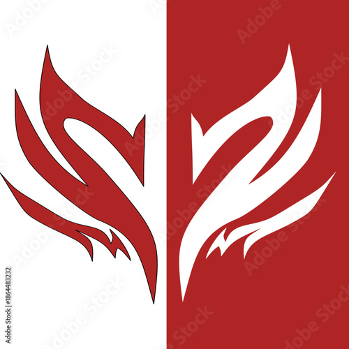 Abstract bird wings logo design in red and white, stylized fire or feather illustration.