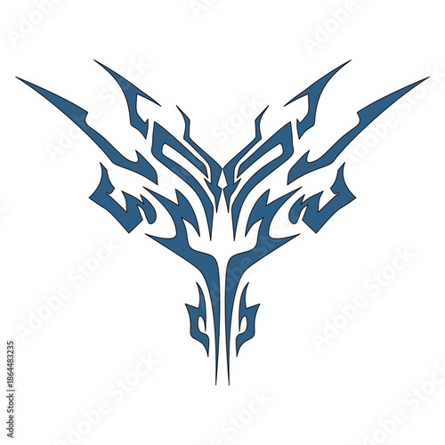 Blue tribal tattoo design with sharp edges, symmetrical geometric ornament illustration.