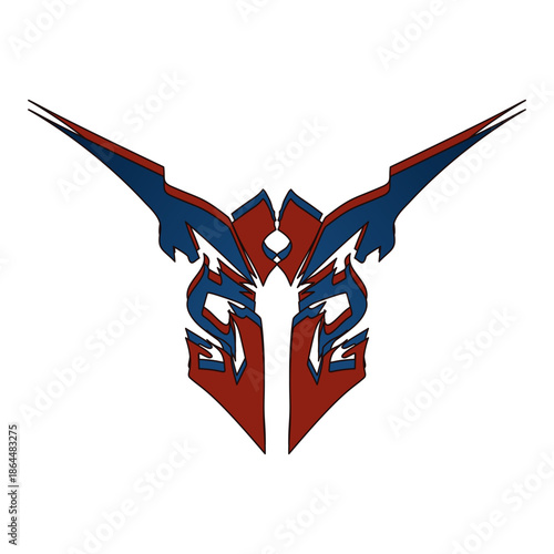 Abstract symmetrical tribal mask design in red and blue, sharp geometric wings illustration
