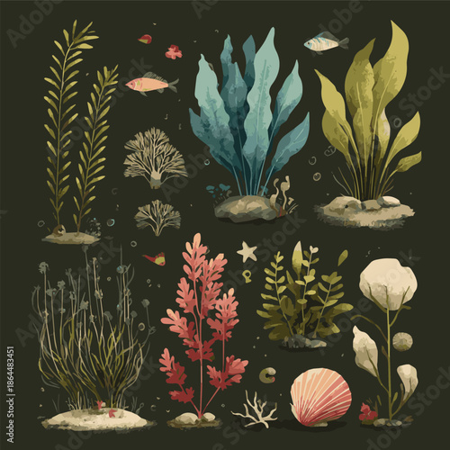 Set of aquatic plants and undersea fauna vector illustration