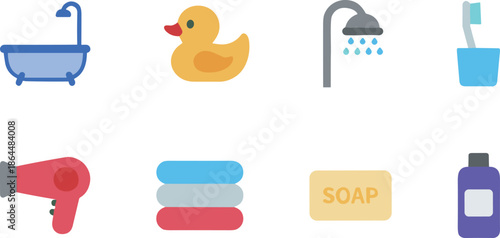 Bathroom and Personal Hygiene Flat Icon Set Featuring Bathtub Shower Duck Soap Hairdryer Towels and Grooming Equipment for Website Design