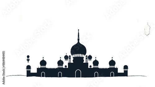 Islamic Mosque Silhouette with Domes and Minarets Background.