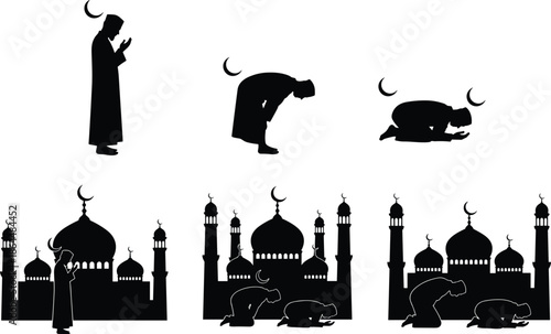 Muslim man performing the Salah (Namaz) prayer ritual in different stages, kneeling, bowing, and standing in silhouette against the Islamic mosque building and crescent moon symbols.