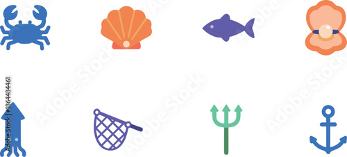 Sea Life and Ocean Elements Flat Icon Set Featuring Crab Shell Fish Pearl Squid Fishing Net Trident and Anchor for Marine Exploration