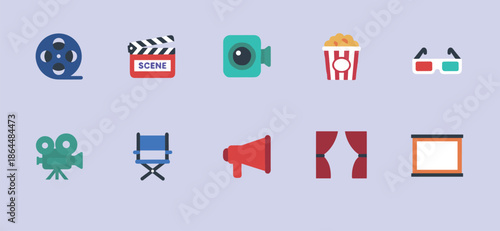 Cinema and Movie Production Flat Icon Set with Film Reel Clapperboard Camera Popcorn 3D Glasses Director Chair and Megaphone for Media