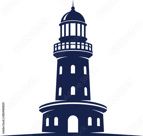 Nautical Lighthouse Silhouette Vector Icon, Isolated Navigation Tower Graphic, Coastal Guidance and Safety Symbol, Searchlight Beam, Maritime Travel and Security Logo