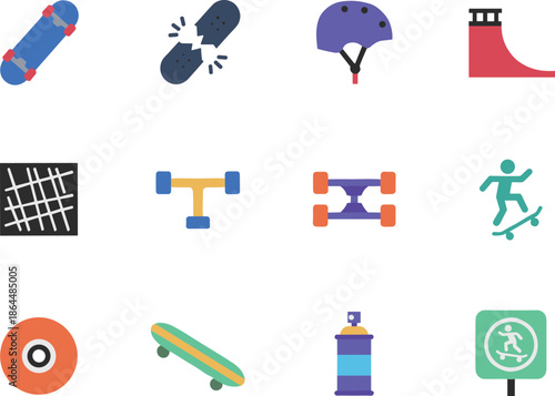 Skateboarding Culture and Extreme Sport Icons Including Skateboard Helmet Ramp Tools and Spray Paint for Urban Youth Activity