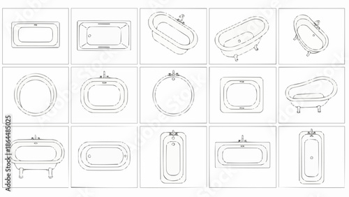 Collection of vintage bathtub line drawings in various styles.