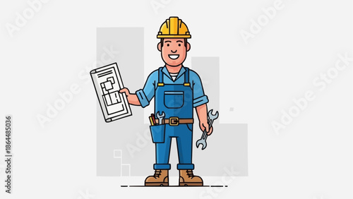 Construction worker holding blueprint and wrench illustration.