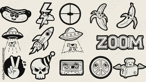 Collection of retro cartoon style icons and symbols.