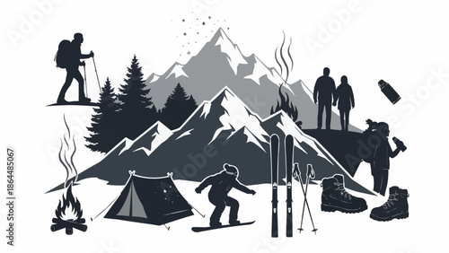 Mountain adventure and winter sports illustration silhouette.