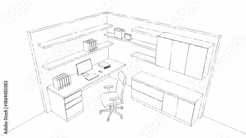 Modern office workspace sketch with computer and storage.