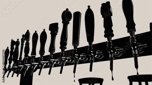 Row of Beer Taps in a Bar.