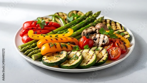 Colorful mixed grilled vegetables platter with asparagus, peppers, zucchini, mushrooms, healthy meal concept, bright natural lighting.
