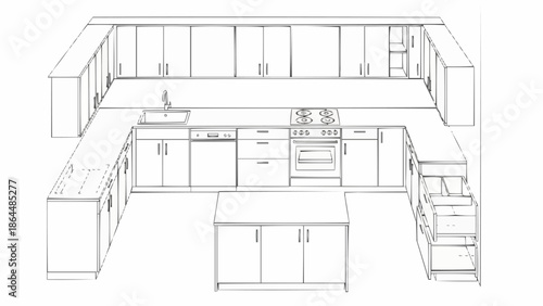 Modern U Shaped Kitchen Design Blueprint Illustration.