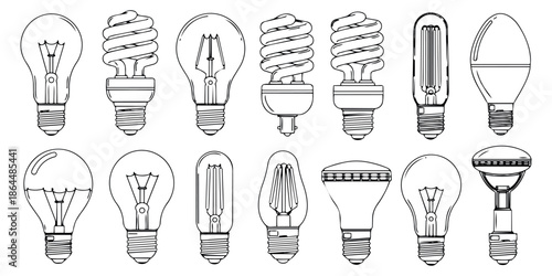 Hand drawn line art light bulb set featuring various types of electric lamps for energy and innovation concepts
