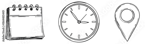Hand drawn line art icon set featuring a calendar, clock, and map pin for scheduling appointments