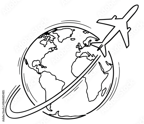 Hand drawn line art illustration of an airplane and globe depicting global travel for international transport