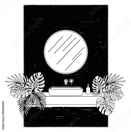 Hand drawn line art illustration of a bathroom vanity depicting tropical plants for modern interior design