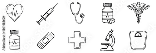 Hand drawn line art medical icon set featuring heart, syringe, stethoscope, medicine, caduceus, and microscope for healthcare and wellness applications