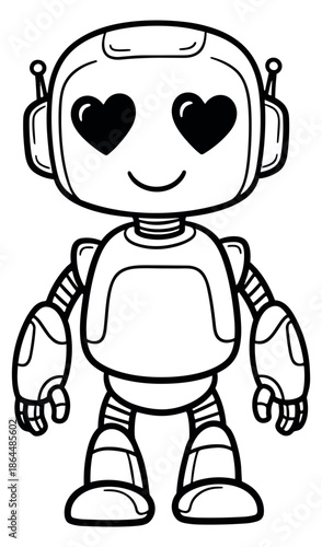 Line art illustration of a cute robot depicting heart eyes for technology and emotion
