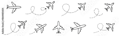 Hand drawn line art airplane set featuring airplanes and dotted flight routes for travel and transportation