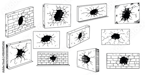 Hand drawn line art wall damage set featuring broken holes and cracks for destruction concepts